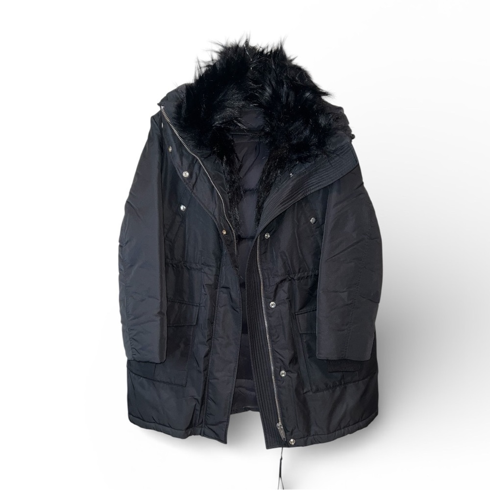 The Kooples Paris Black Faux Fur Hooded Puffer Parka Coat Size M Women’s NWT - Picture 3 of 11